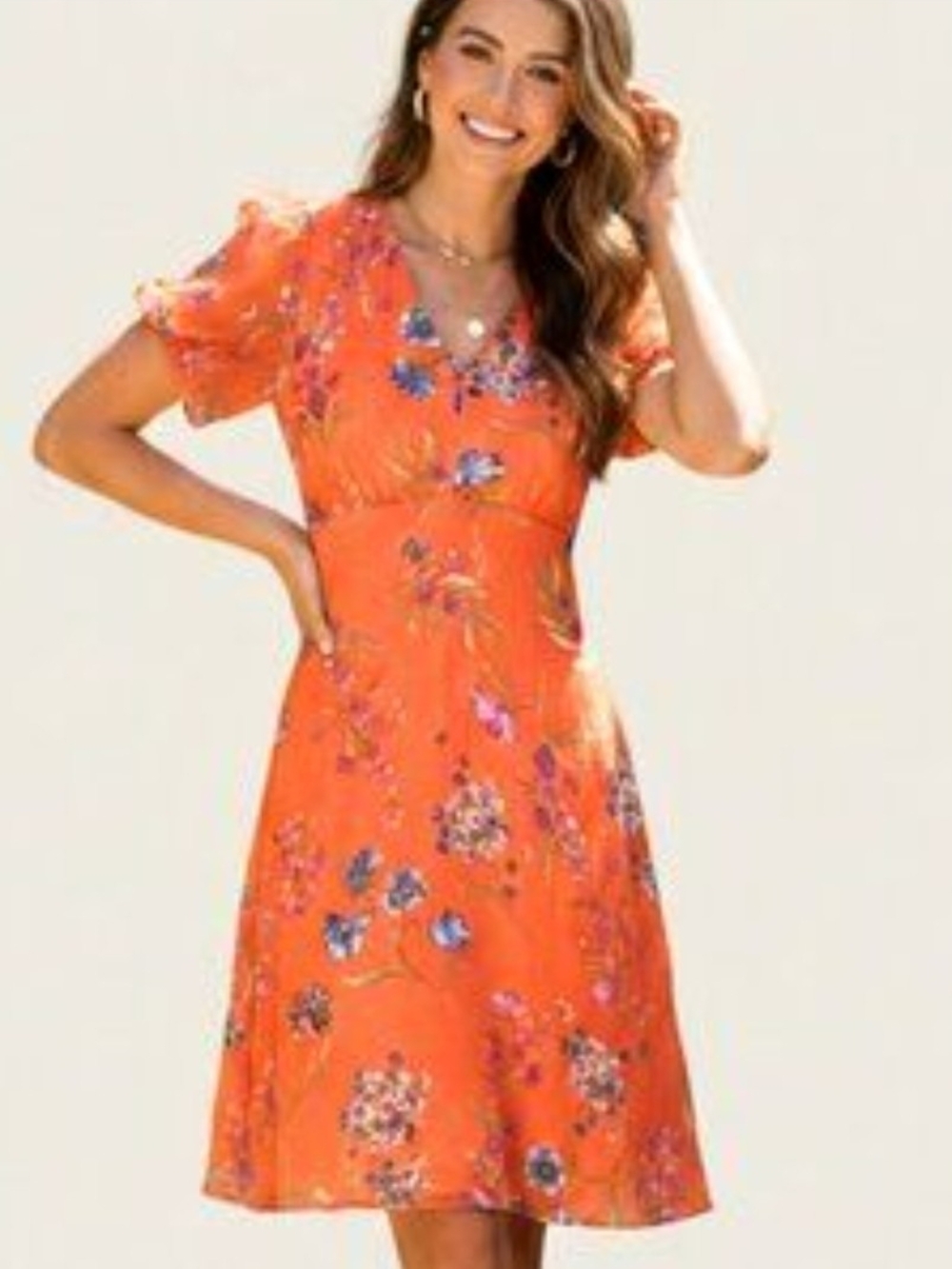 Calvin Klein Orange Floral V-Neck Midi Dress
